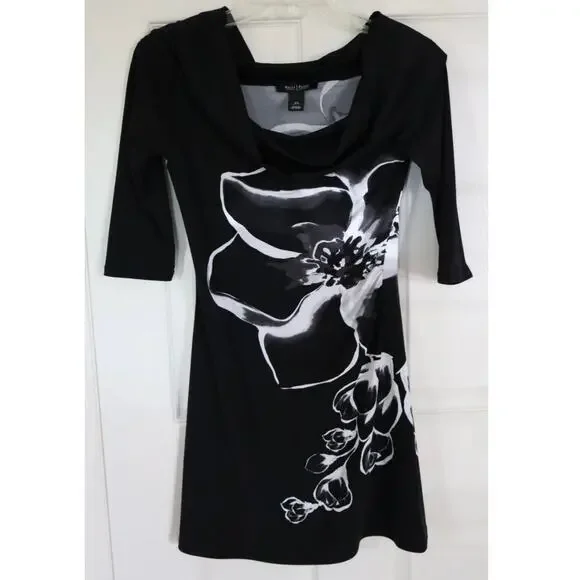 WHBM Black Floral Cowl Neck Dress L - Picture 3 of 9